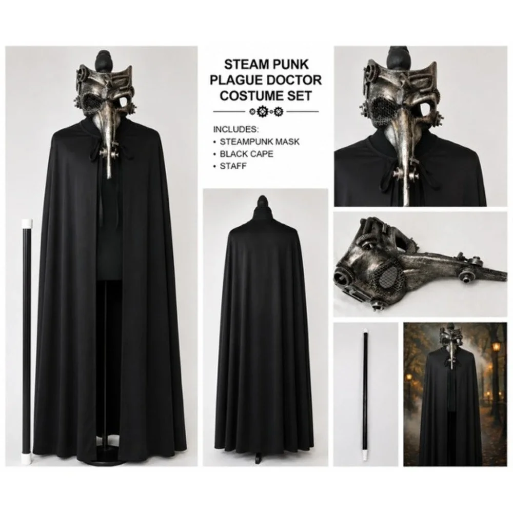 Steampunk Plague Doctor Costume Set Black Cape Mask Staff Gothic Cosplay